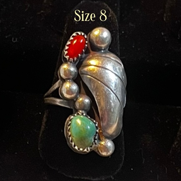 santa cruz gems Jewelry - Vintage Handmade Native Ring Turquoise Coral Leaf Size 8